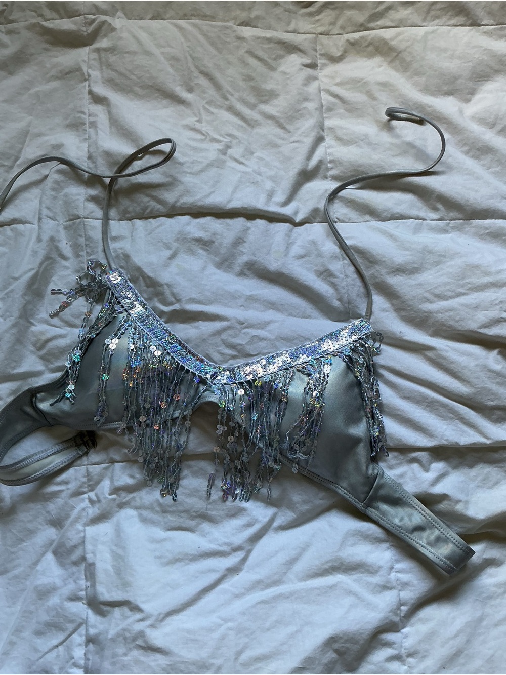 Sequined Fringe Bralette - Iridescent Silver
